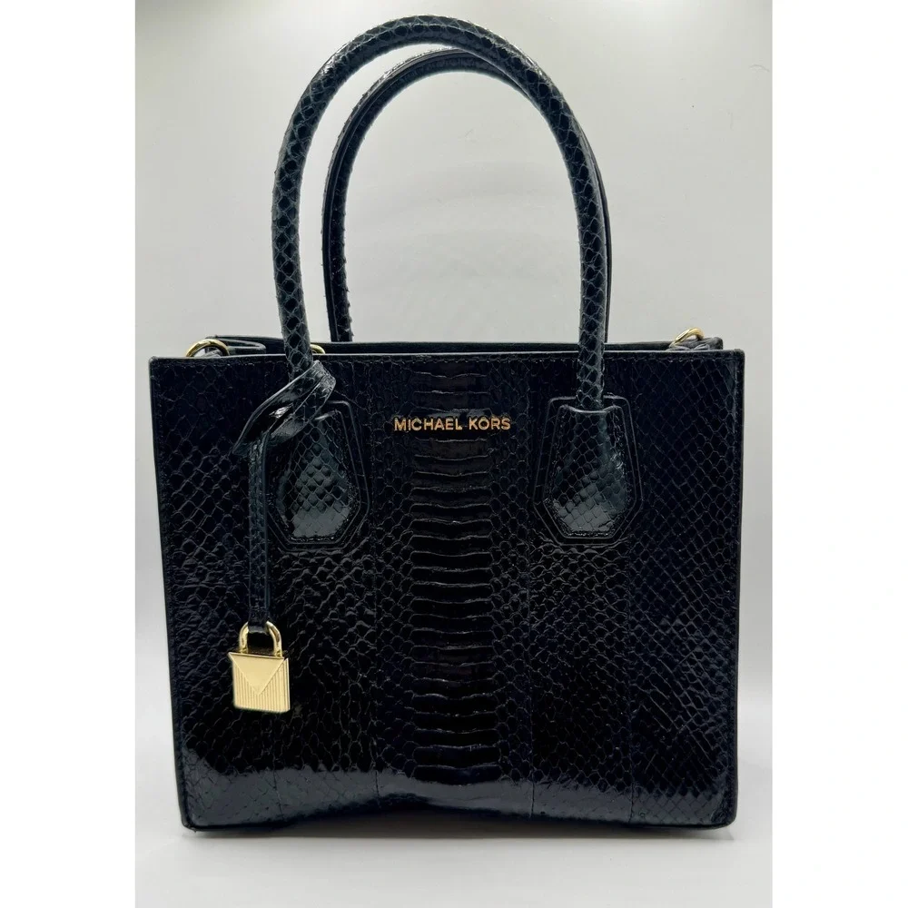 Michael Kors Mercer Messenger Bag Medium Black Snake Embossed Leather Gold Purse